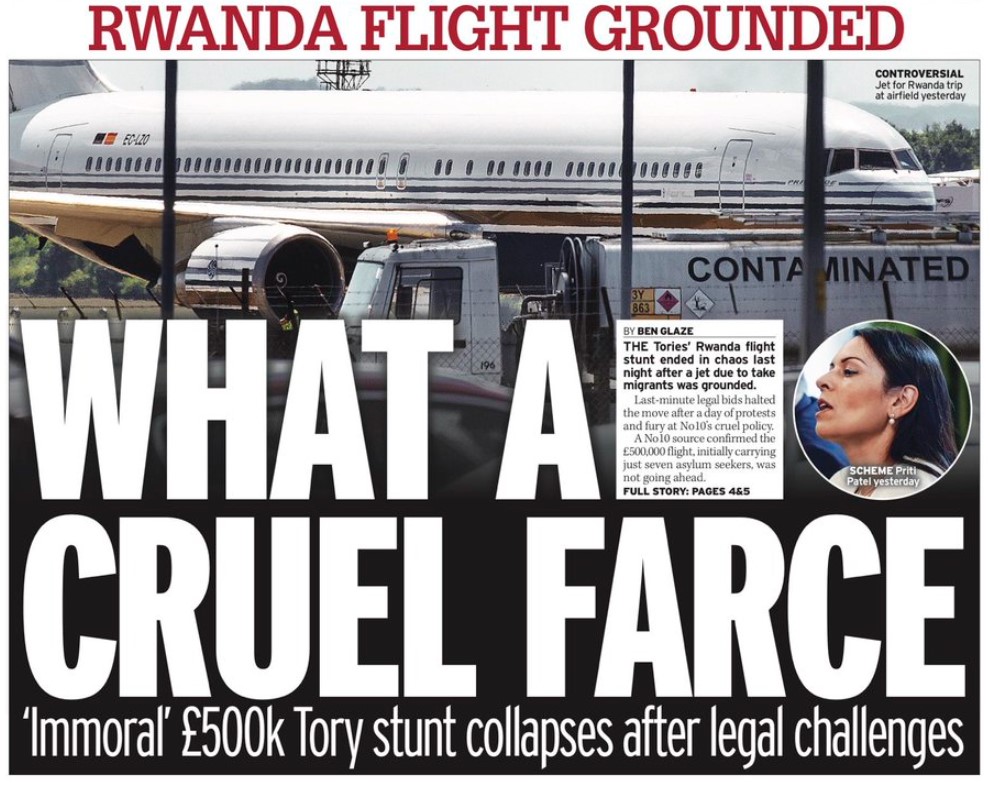 Daily Mirror headline 15-6-2022 Rwanda flight grounded